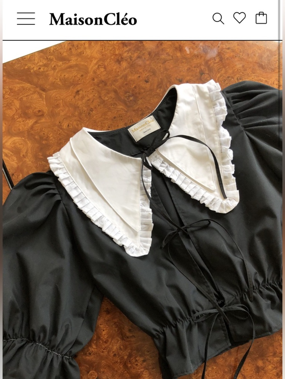 MaisonCléo Angele Black Puff-Sleeve Blouse with White Ruffle Collar- worn once